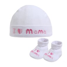 HB32-M: White I ♡ Mama Hat & Bootee Set